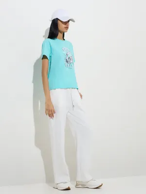 Studiofit Aqua Text Patterned Cotton T-Shirt