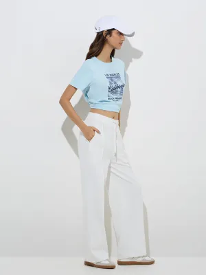 Studiofit Light Blue Text Pattern Cotton T-Shirt