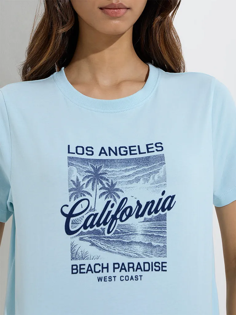 Studiofit Light Blue Text Pattern Cotton T-Shirt