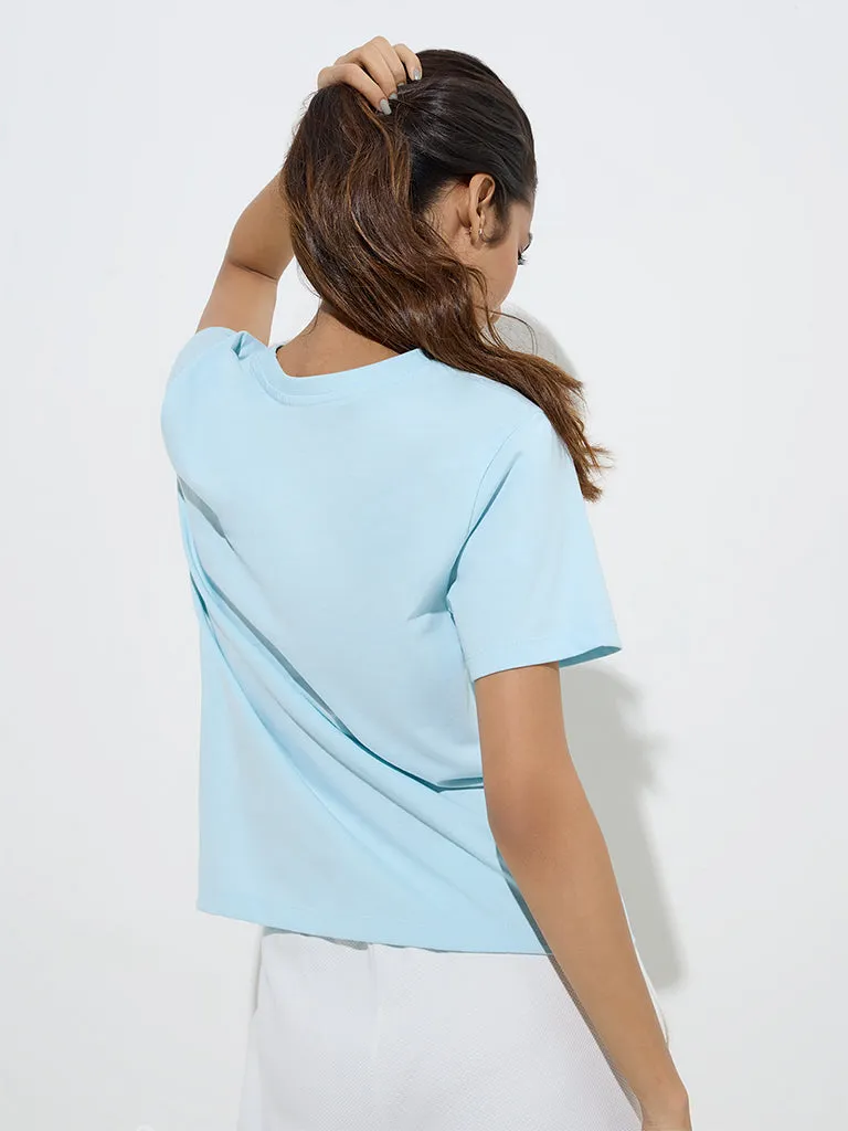 Studiofit Light Blue Text Pattern Cotton T-Shirt
