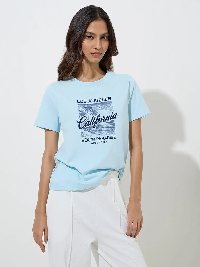 Studiofit Light Blue Text Pattern Cotton T-Shirt