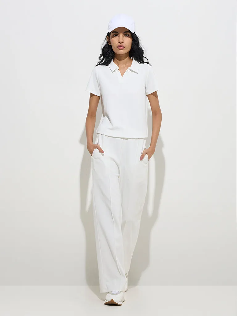 Studiofit White Ribbed Cotton-Blend Polo T-Shirt