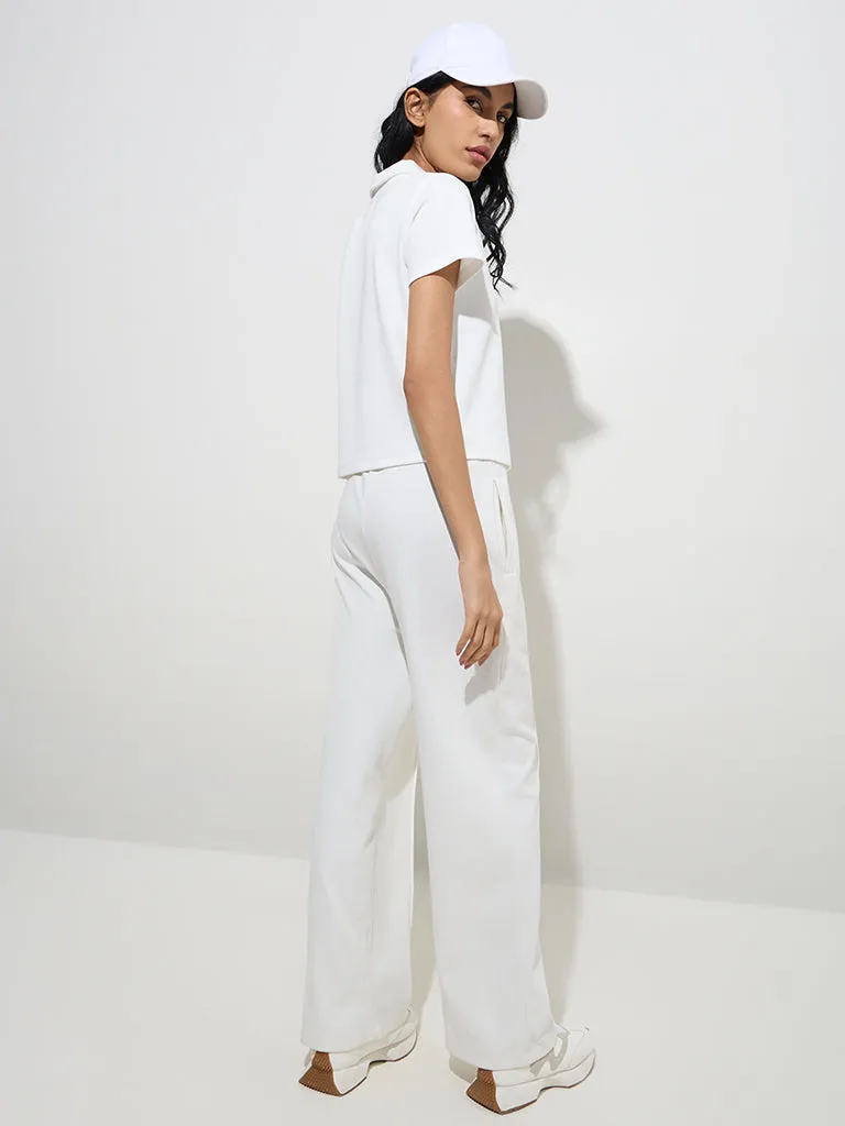 Studiofit White Ribbed Cotton-Blend Polo T-Shirt