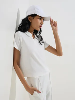 Studiofit White Ribbed Cotton-Blend Polo T-Shirt