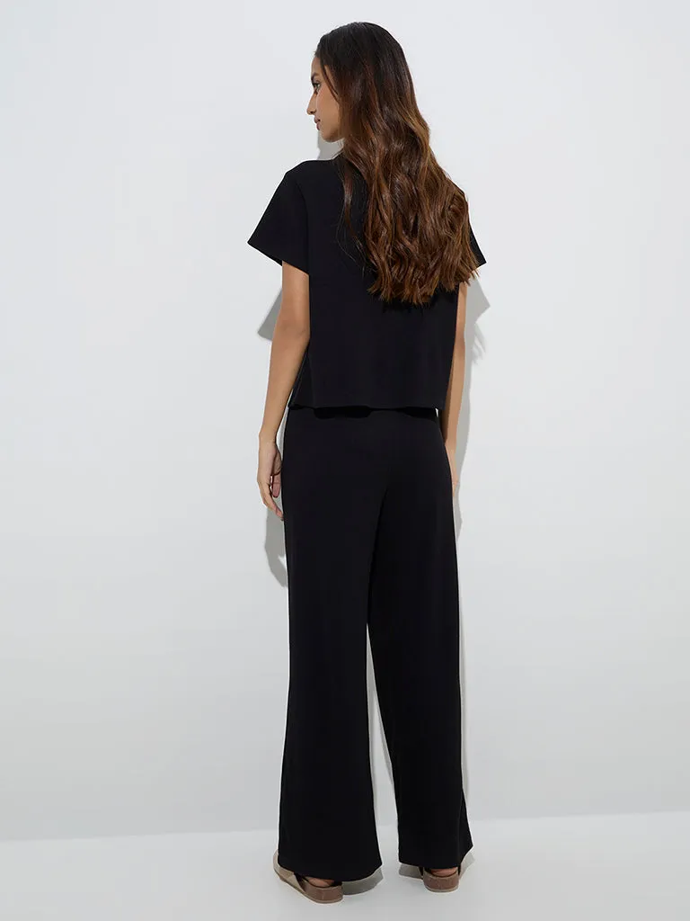 Superstar Black Waffle-Textured High-Rise Pants