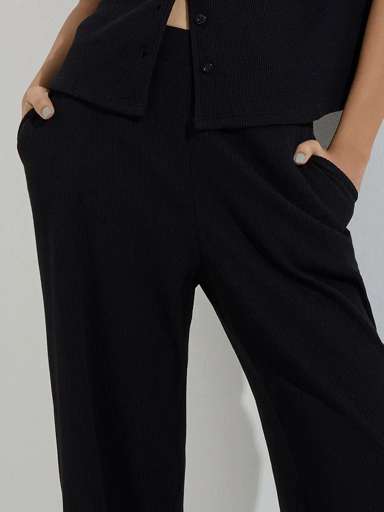 Superstar Black Waffle-Textured High-Rise Pants