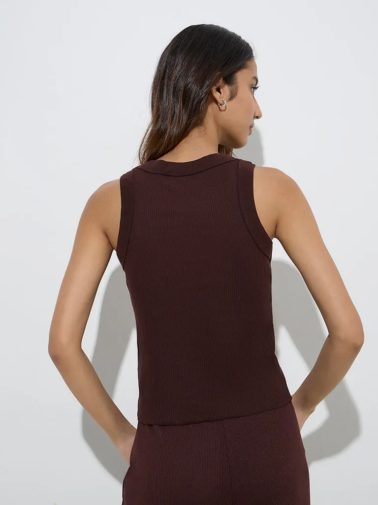 Superstar Brown Ribbed-Textured Cotton-Blend Tank Top