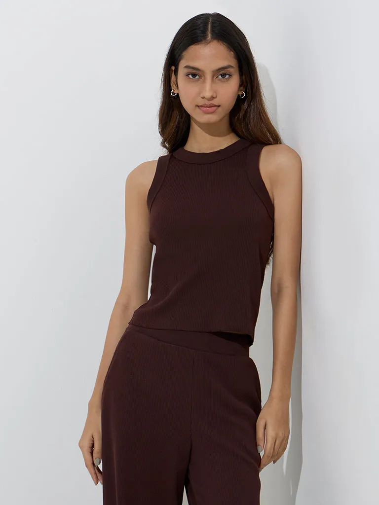 Superstar Brown Ribbed-Textured Cotton-Blend Tank Top