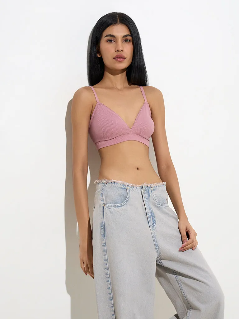 Superstar Pink Waffle-Textured Padded Cotton-Blend Bra