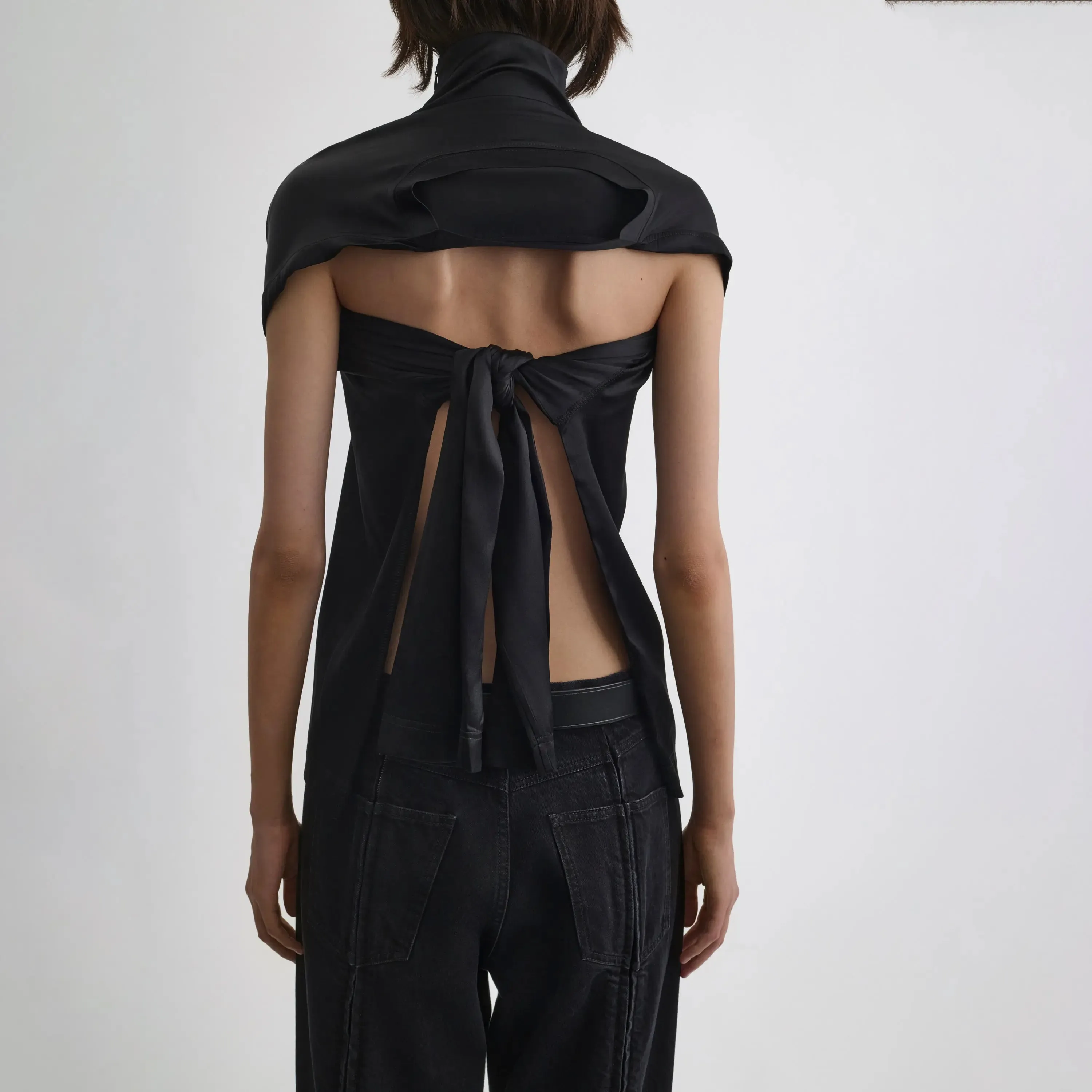 TIE BACK TOP | black silk satin