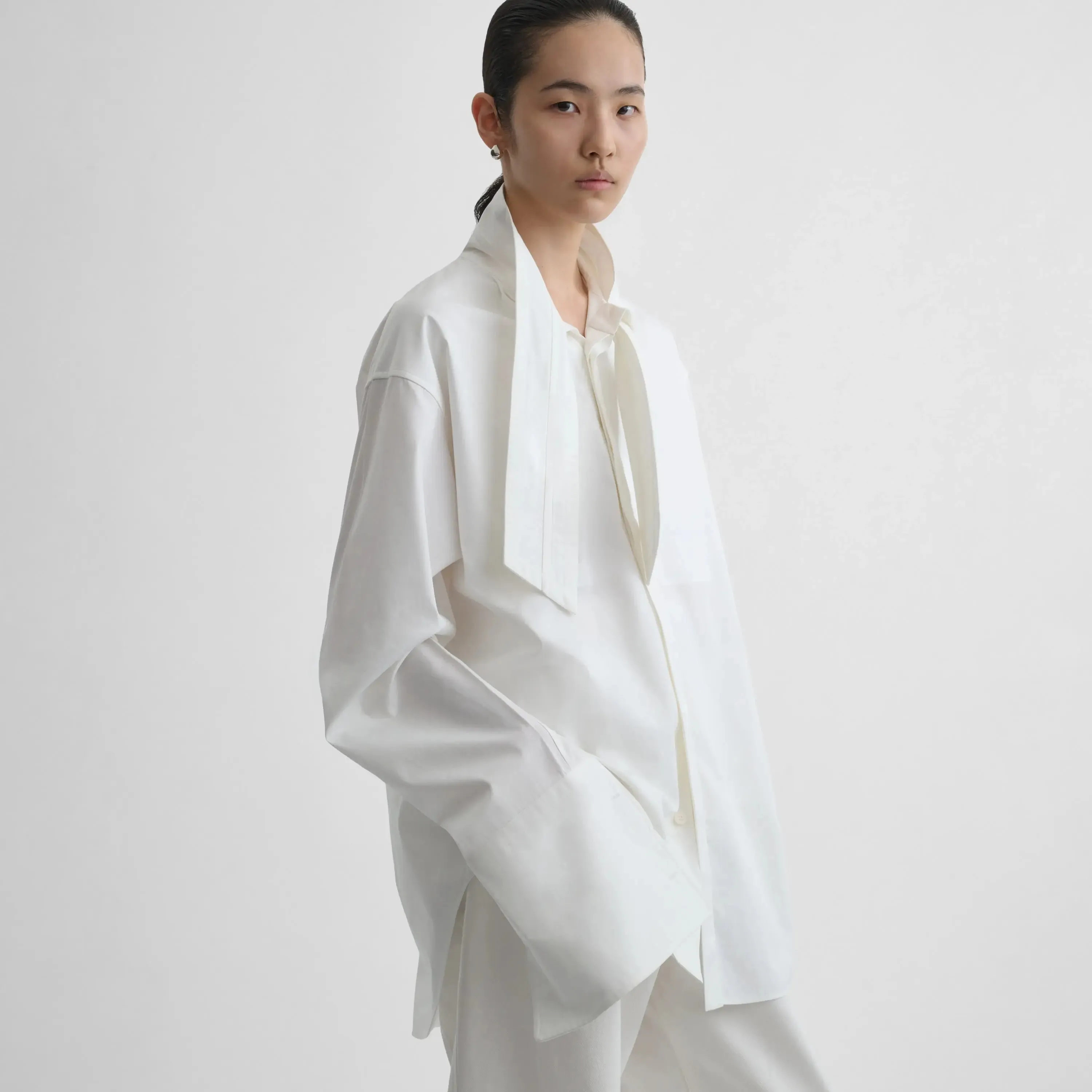 TIE NECK SHIRT | white cotton