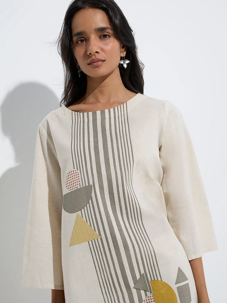 Utsa Beige Printed Cotton-Blend Kurti