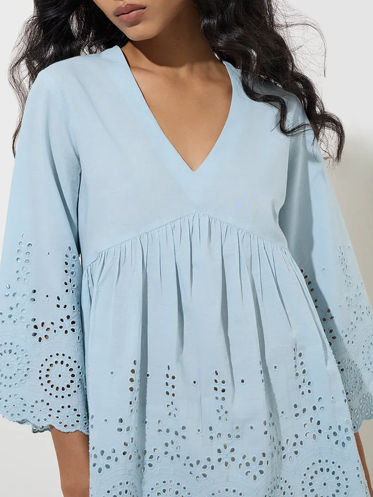 Utsa Blue Schiffli Detailed Cotton Kurti