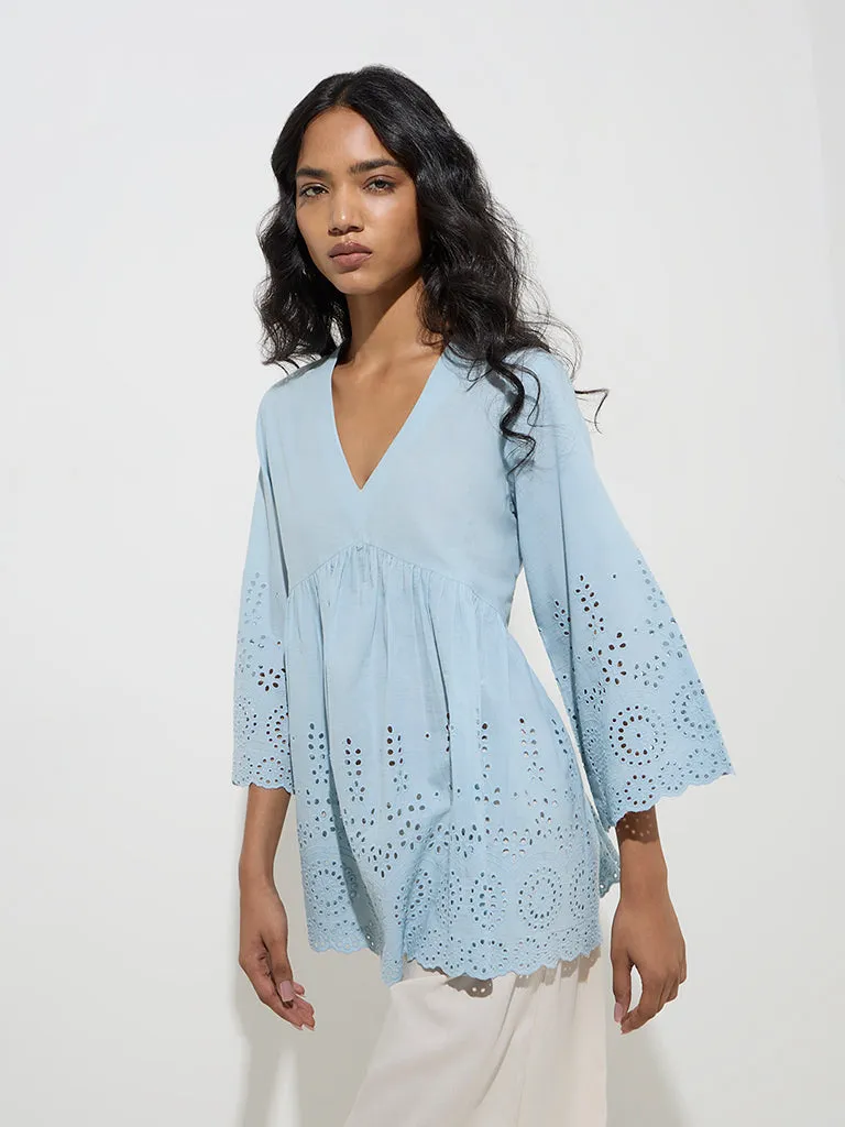 Utsa Blue Schiffli Detailed Cotton Kurti