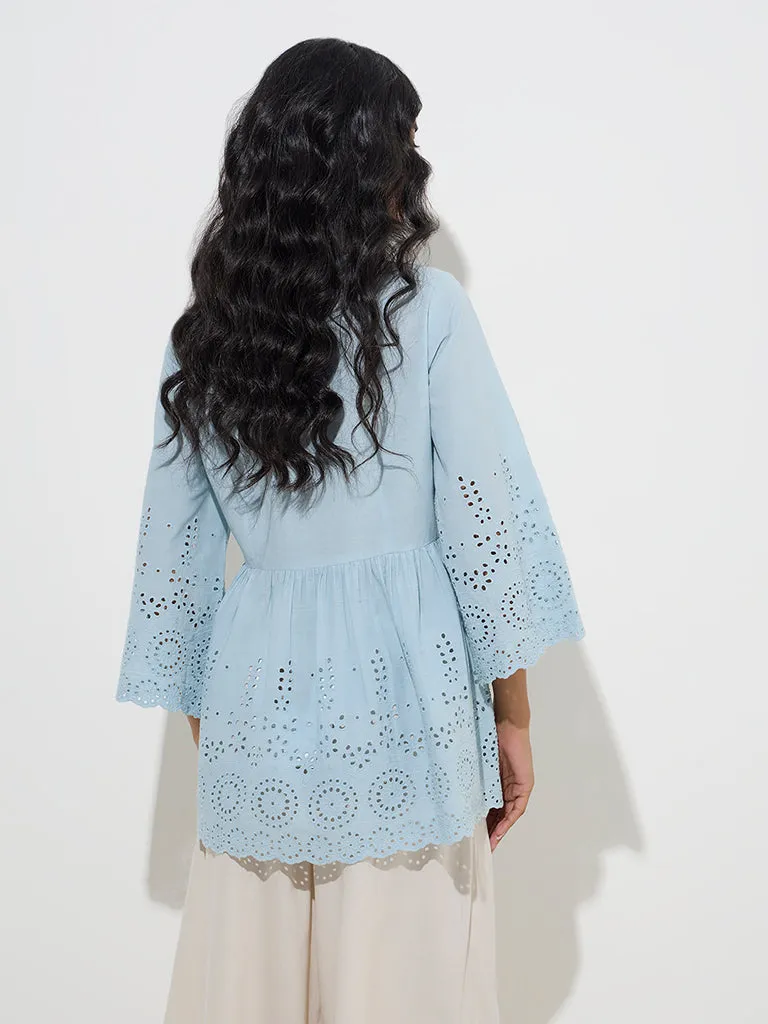 Utsa Blue Schiffli Detailed Cotton Kurti