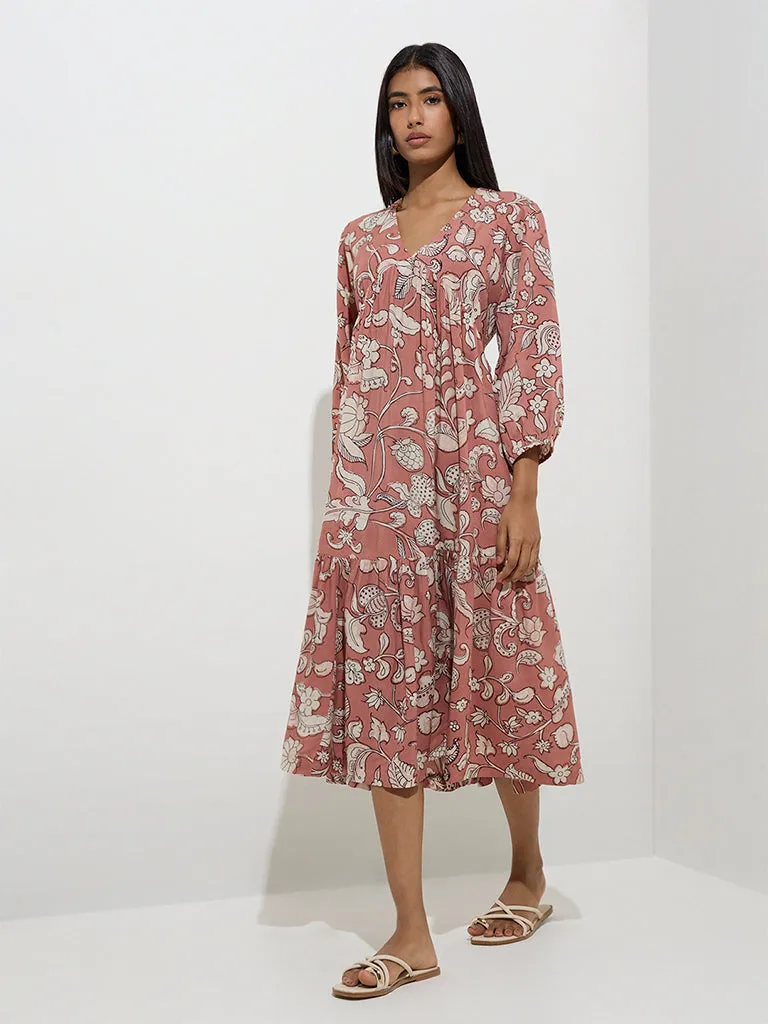 Utsa Dusty Pink Foliage Printed Tiered Dress