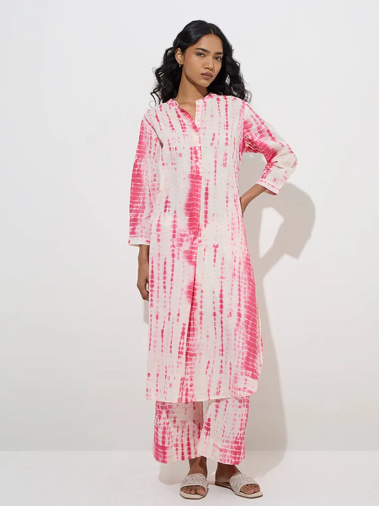 Utsa Pink Tie-Dye Patterned A-Line Cotton Kurta