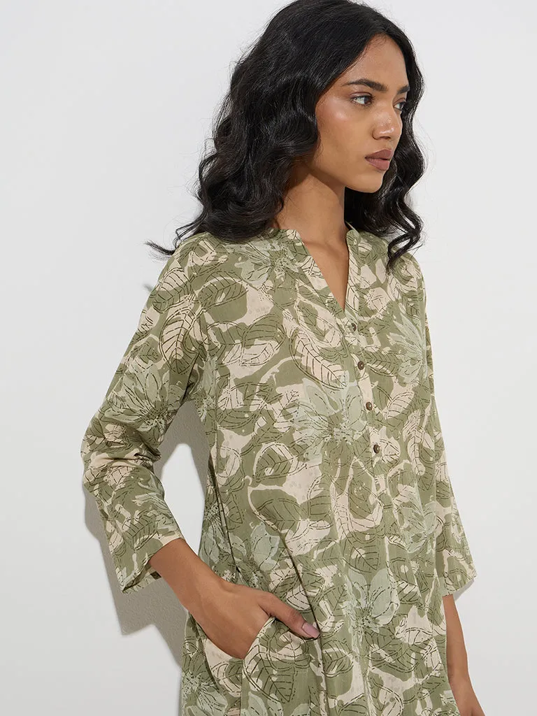 Utsa Sage Foliage Pattern Straight Cotton Kurta
