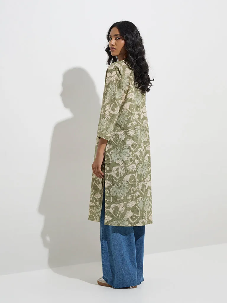 Utsa Sage Foliage Pattern Straight Cotton Kurta