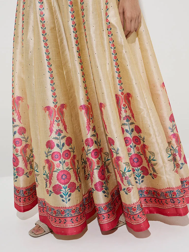 Vark Beige Floral Patterned Skirt