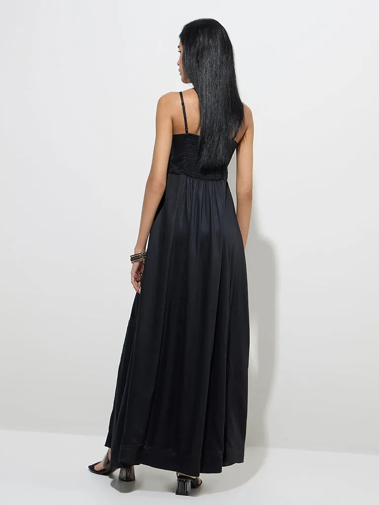 Vark Black Floral Embellished A-Line Dress