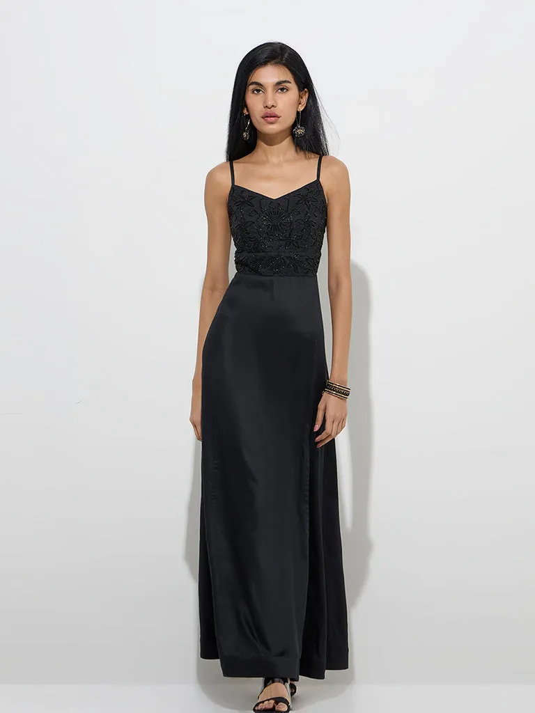 Vark Black Floral Embellished A-Line Dress