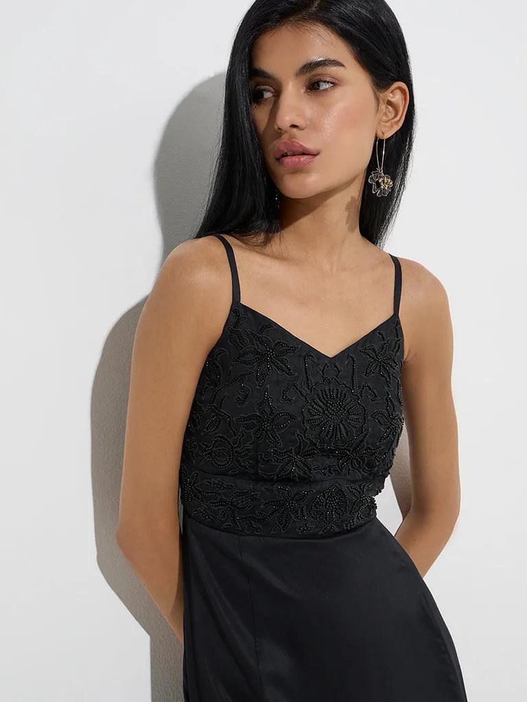 Vark Black Floral Embellished A-Line Dress