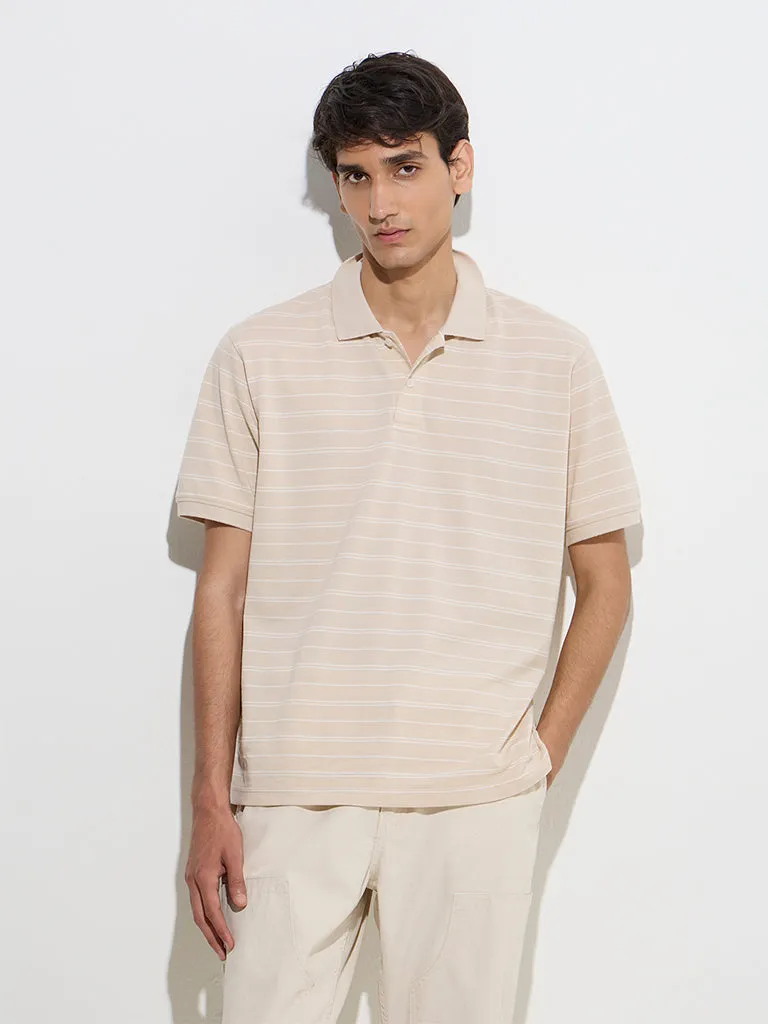 WES Casuals Beige Relaxed-Fit Cotton-Blend Polo T-Shirt