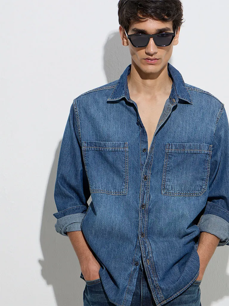 WES Casuals Blue Relaxed-Fit Denim Shirt