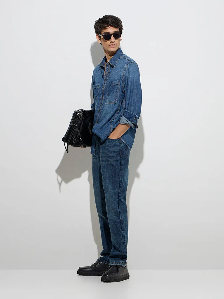 WES Casuals Blue Relaxed-Fit Denim Shirt