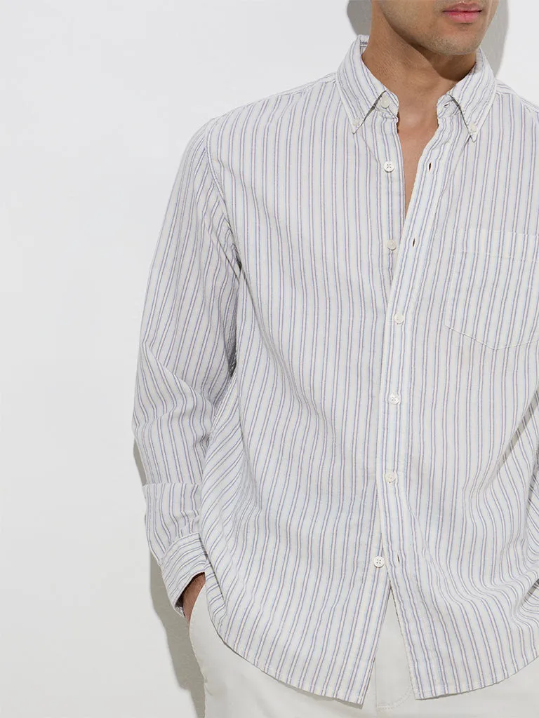 WES Casuals Blue Striped Relaxed-Fit Cotton-Blend Shirt