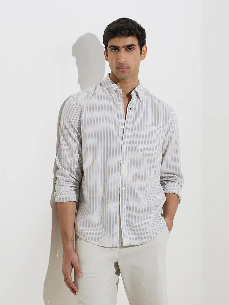 WES Casuals Blue Striped Relaxed-Fit Cotton-Blend Shirt