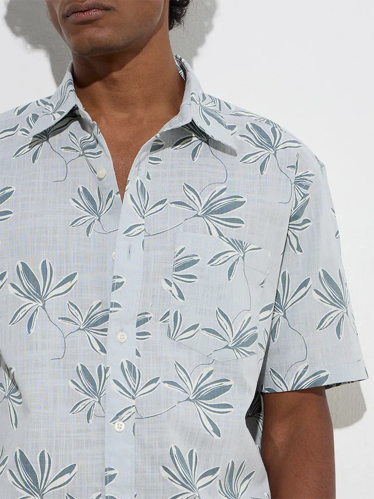 WES Casuals Mint Floral Design Relaxed-Fit Cotton Shirt