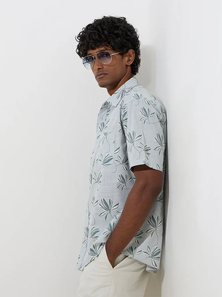 WES Casuals Mint Floral Design Relaxed-Fit Cotton Shirt