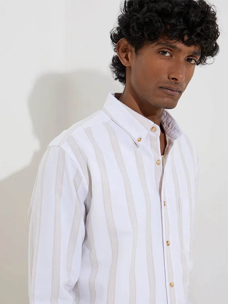 WES Casuals Off-White Striped Relaxed-Fit Cotton Shirt