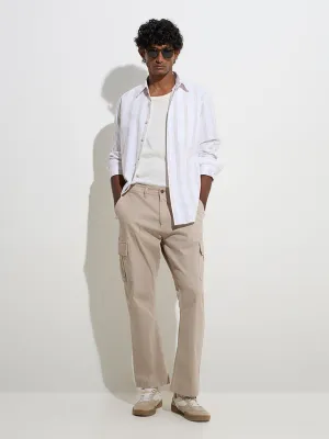 WES Casuals Off-White Striped Relaxed-Fit Cotton Shirt