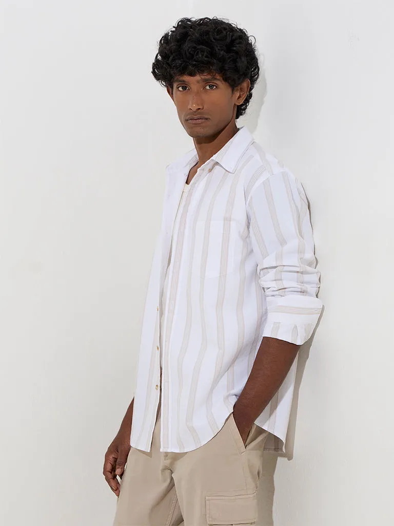 WES Casuals Off-White Striped Relaxed-Fit Cotton Shirt