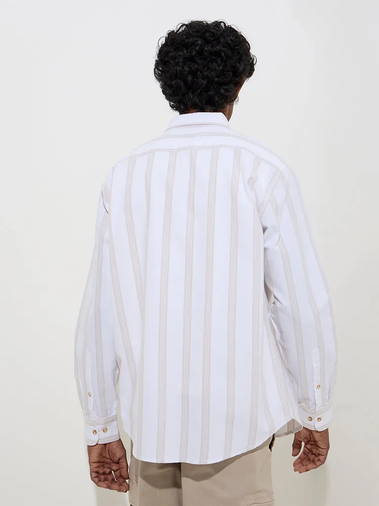 WES Casuals Off-White Striped Relaxed-Fit Cotton Shirt