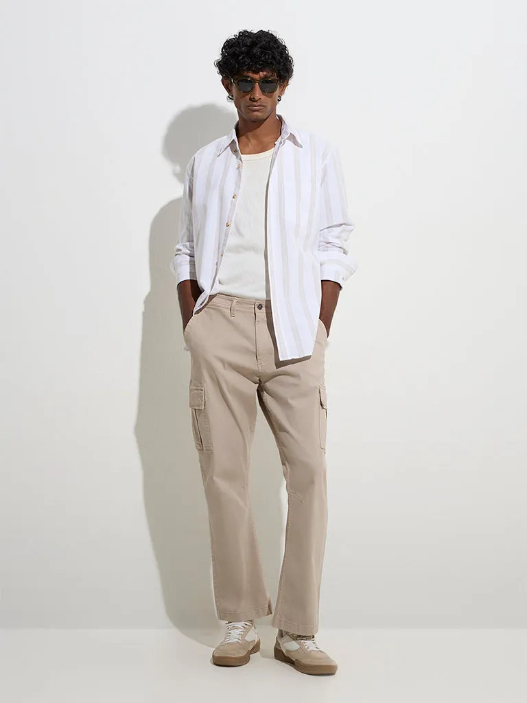 WES Casuals Off-White Striped Relaxed-Fit Cotton Shirt