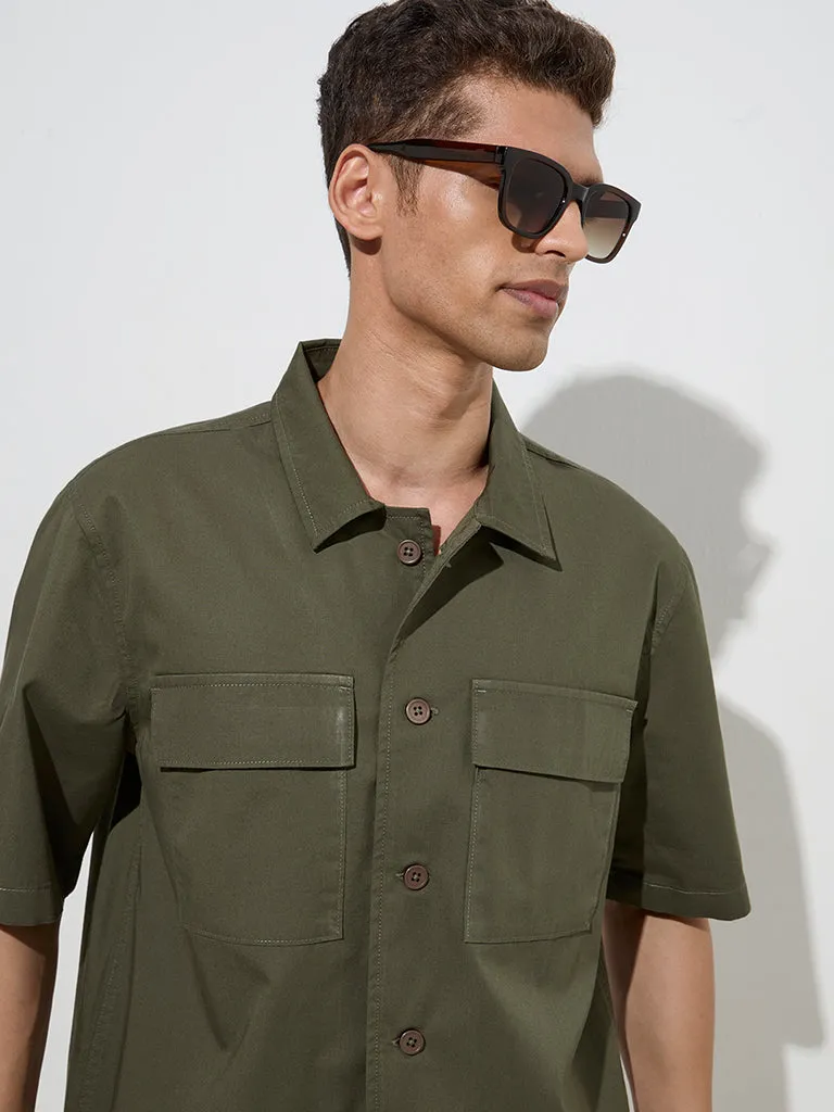 WES Casuals Olive Solid Relaxed-Fit Cotton Shirt