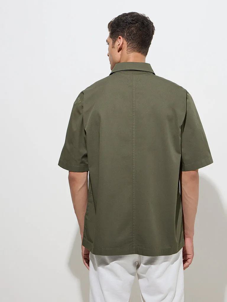 WES Casuals Olive Solid Relaxed-Fit Cotton Shirt