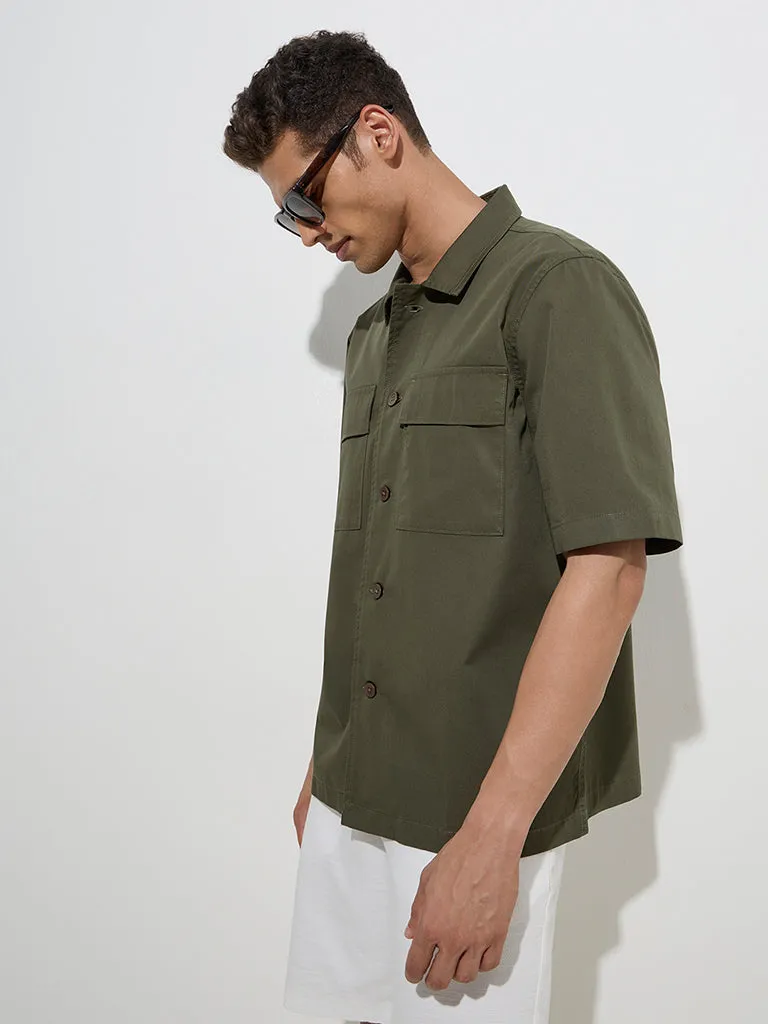 WES Casuals Olive Solid Relaxed-Fit Cotton Shirt