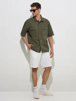 WES Casuals Olive Solid Relaxed-Fit Cotton Shirt