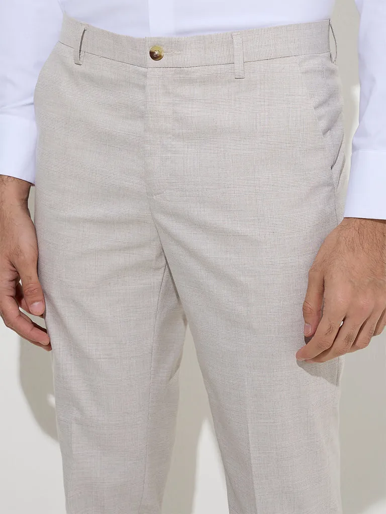 WES Formals Beige Checks Relaxed-Fit Mid-Rise Trousers