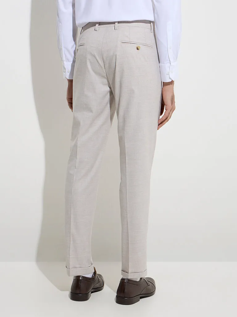 WES Formals Beige Checks Relaxed-Fit Mid-Rise Trousers