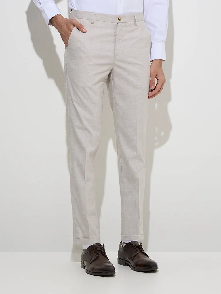 WES Formals Beige Checks Relaxed-Fit Mid-Rise Trousers