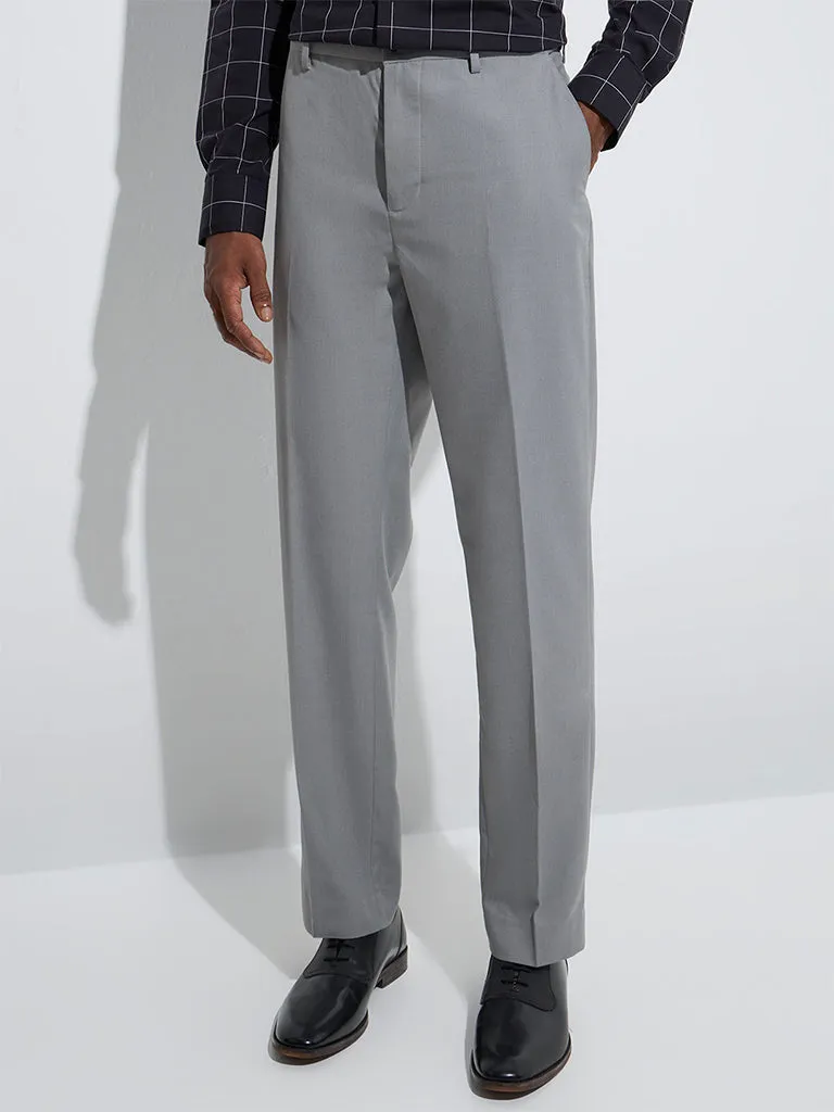 WES Formals Grey Relaxed-Fit Mid-Rise Trousers