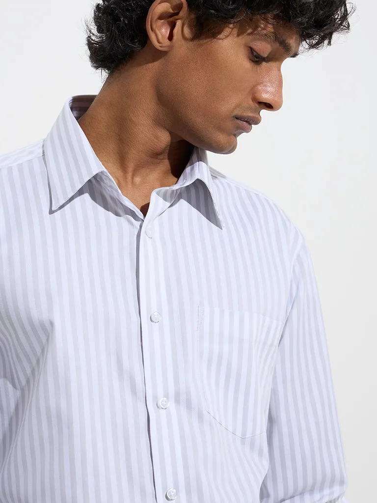 WES Formals Grey Stripe Pattern Slim-Fit Cotton Shirt
