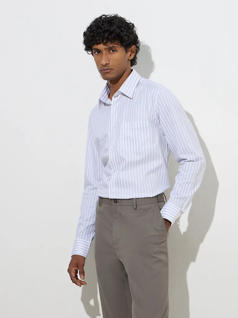WES Formals Grey Stripe Pattern Slim-Fit Cotton Shirt