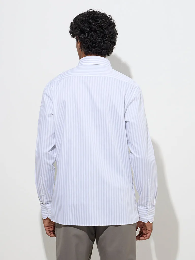 WES Formals Grey Stripe Pattern Slim-Fit Cotton Shirt